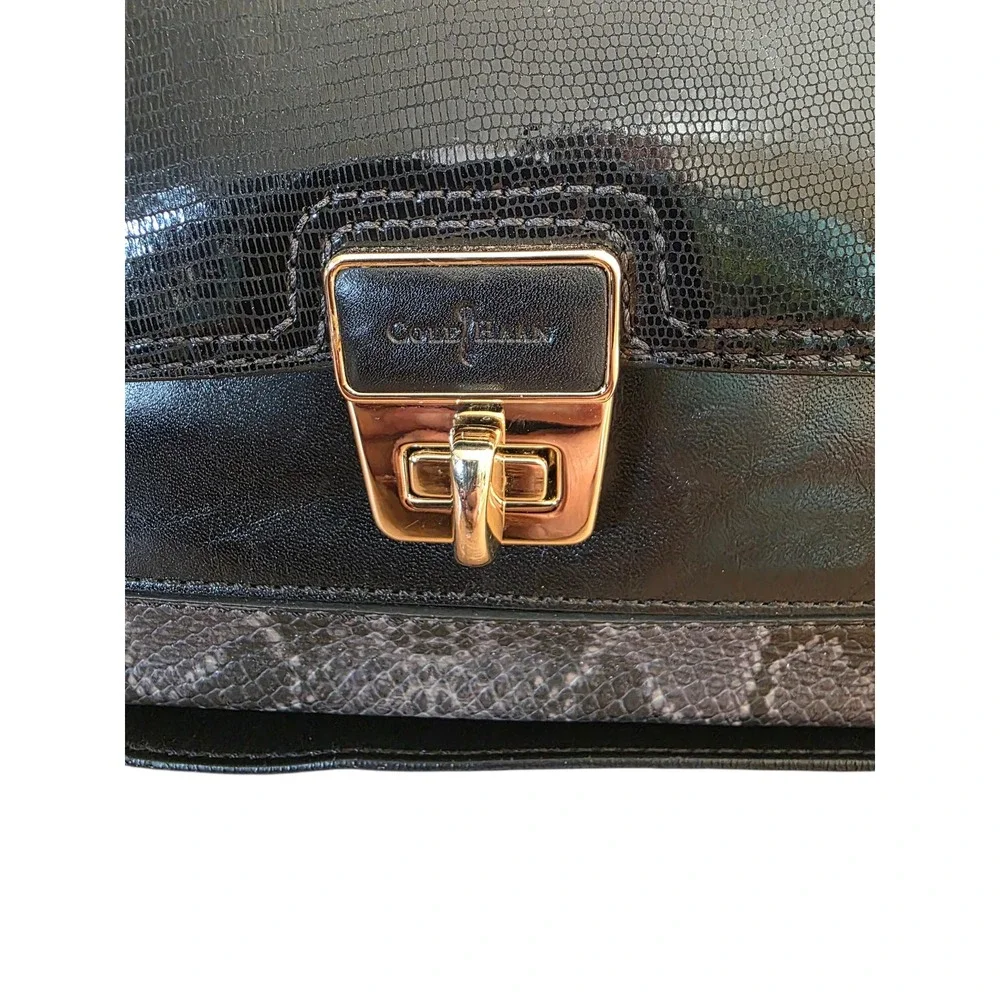 Cole Haan Black Leather Snakeskin Embossed Large Shoulder‎ Bag Gold Turn Lock